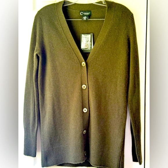 CASHMERE Bloomingdale’s NWT Classic Olive Green Cardigan Sweater Medium - Picture 1 of 6